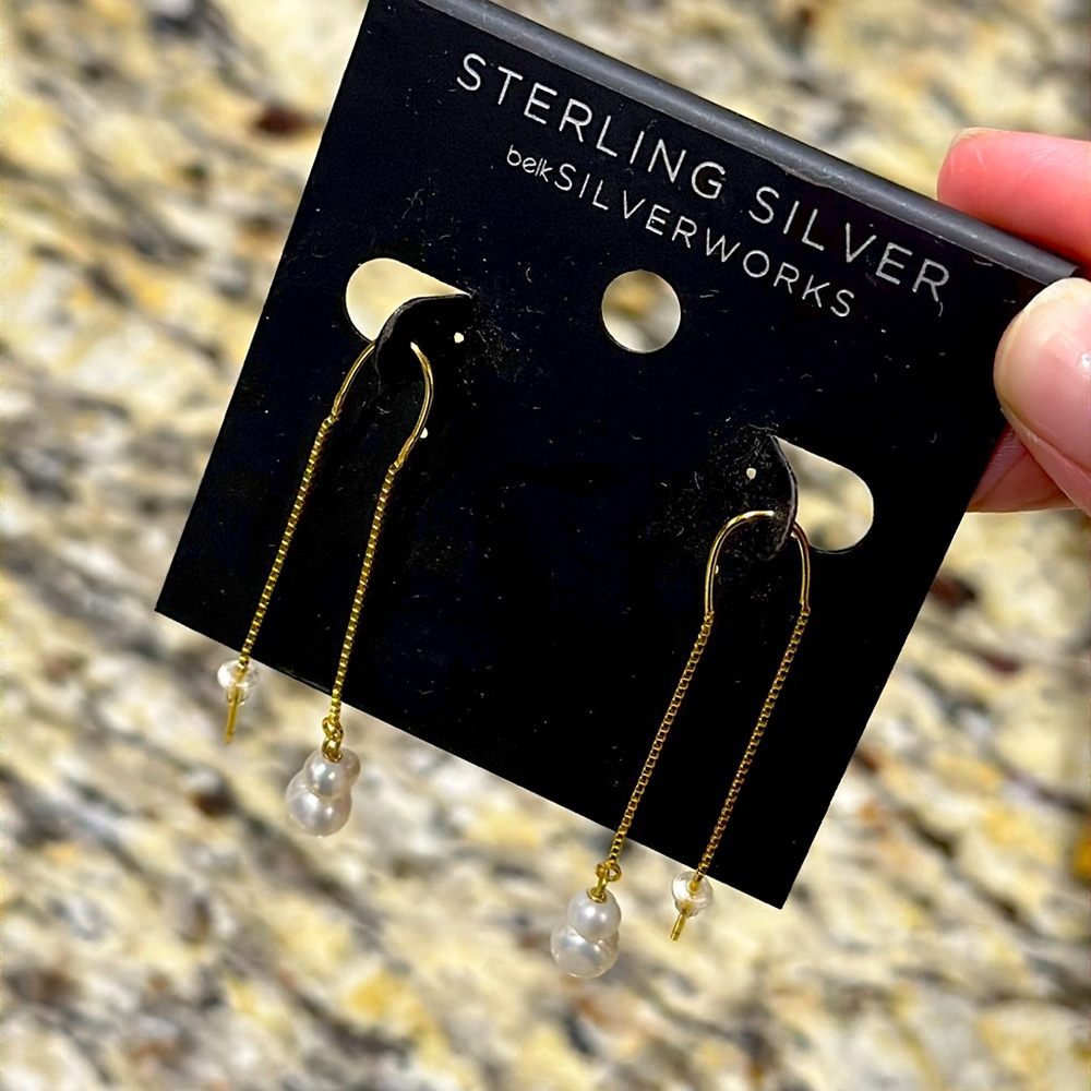 Sterling silver (gold color) genuine pearl drop earrings.